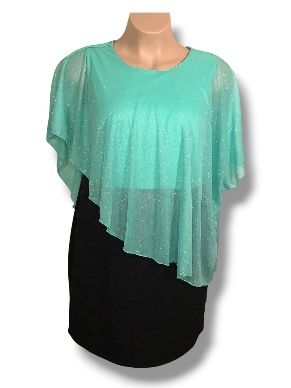 Y2K Era 18w En Focus Studio Event Party Dress Glitter Mint Green Black Stretch